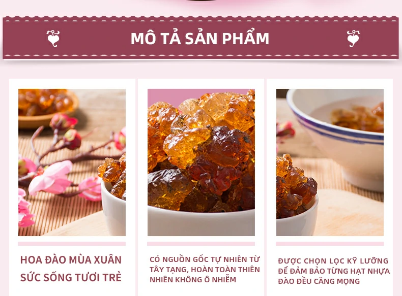 Mô tả sản phẩm: Hoa đào mùa xuân, sức sống tươi trẻ. Có nguồn gốc tự nhiên từ Tây Tạng, hoàn toàn thiên nhiên không ô nhiễm, được chọn lọc kỹ lưỡng để đảm bảo từng hạt nhựa đào đều căng mọng