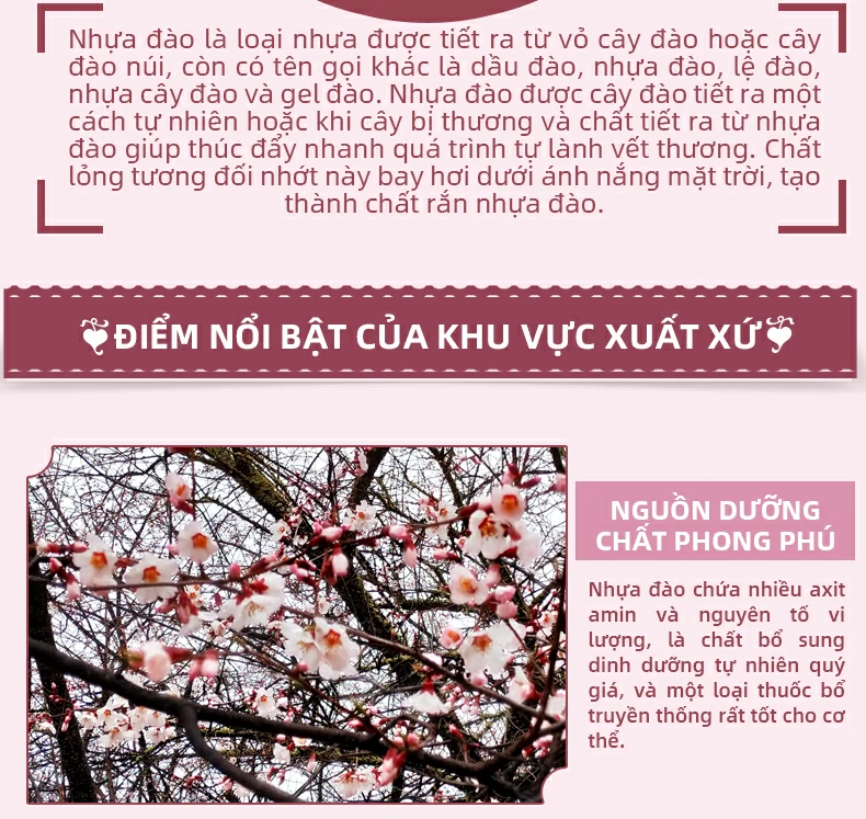 Nhựa đào là loại nhựa được tiết ra từ vỏ cây đào hoặc cây đào núi, còn có tên gọi khác là dầu đào, nhựa đào, lệ đào, nhựa cây đào và gel đào. Nhựa đào được cây đào tiết ra một cách tự nhiên hoặc khi cây bị thương và chất tiết ra từ nhựa đào giúp thúc đẩy nhanh quá trình tự lành vết thương. Chất lỏng tương đối nhớt này bay hơi dưới ánh nắng mặt trời, tạo thành chất rắn nhựa đào. Điểm nổi bật của khu vực xuất xứ: Nguồn dưỡng chất phong phú, Nhựa đào chứa nhiều axit amin và nguyên tố vi lượng, là chất bổ sung dinh dưỡng tự nhiên quý giá, và một loại thuốc bổ truyền thống rất tốt cho cơ thể.